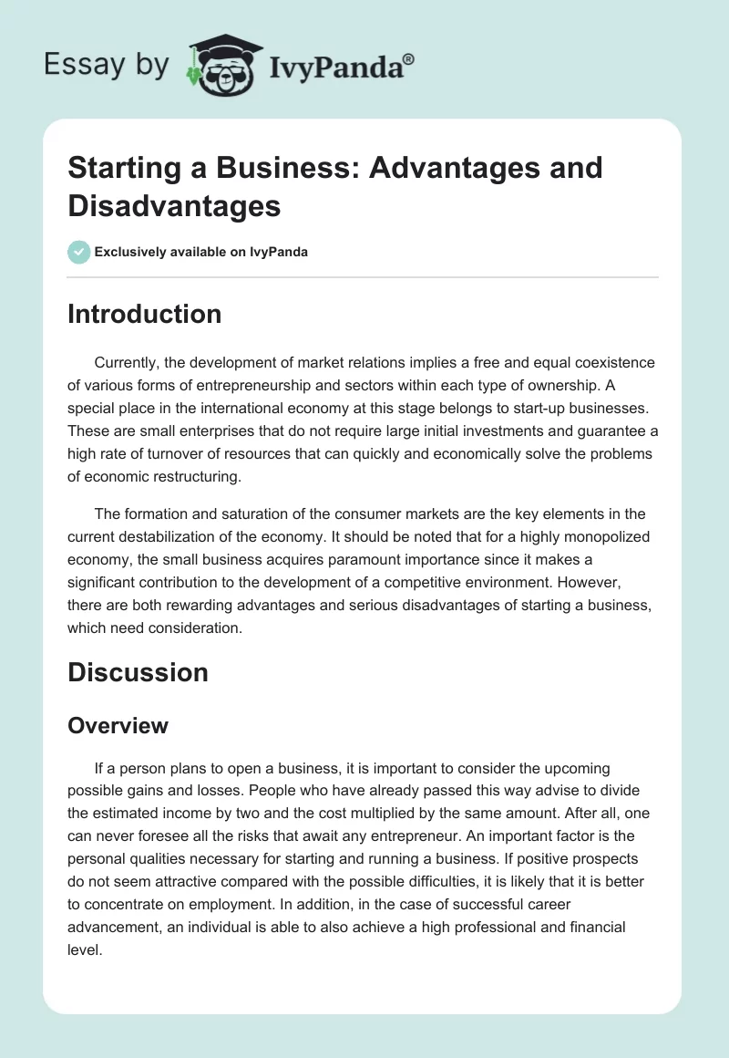 Starting a Business: Advantages and Disadvantages. Page 1