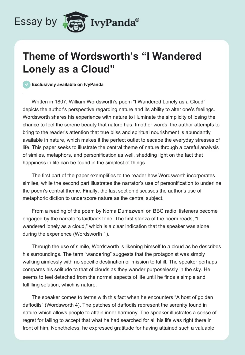 Theme of Wordsworth’s “I Wandered Lonely as a Cloud”. Page 1