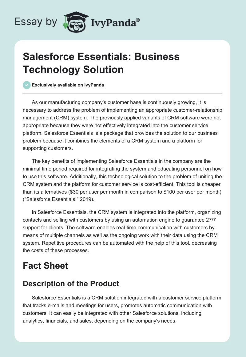 Salesforce Essentials: Business Technology Solution. Page 1