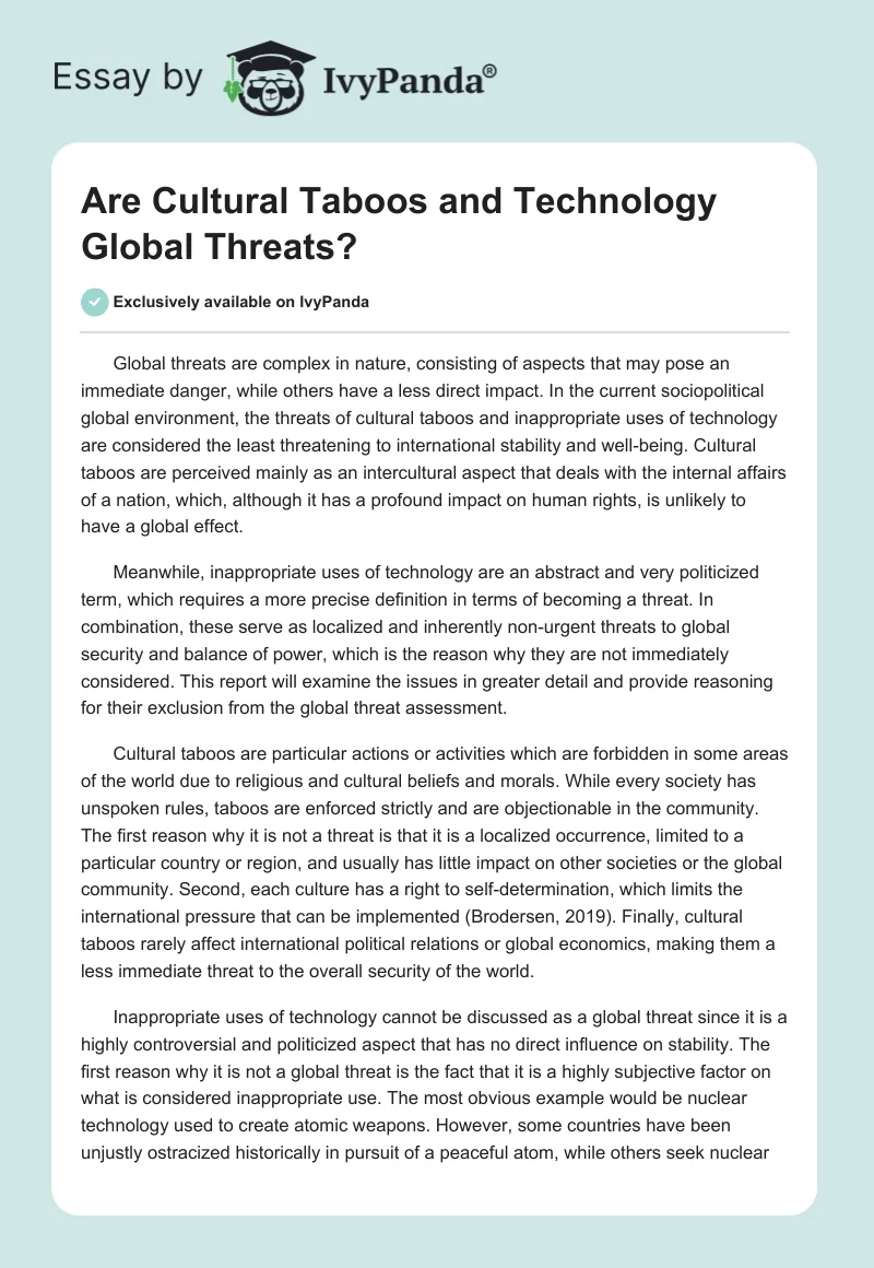 Are Cultural Taboos and Technology Global Threats?. Page 1