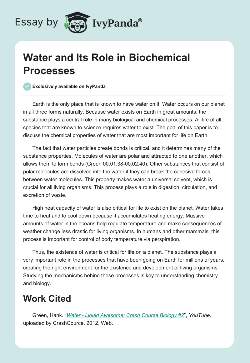Water and Its Role in Biochemical Processes. Page 1