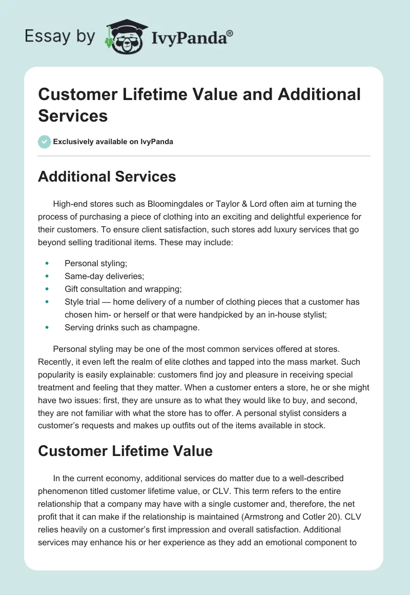 Customer Lifetime Value and Additional Services. Page 1