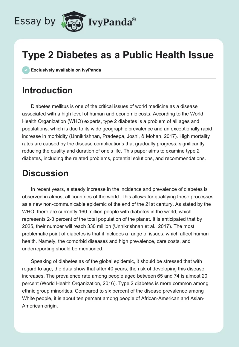 Type 2 Diabetes as a Public Health Issue. Page 1