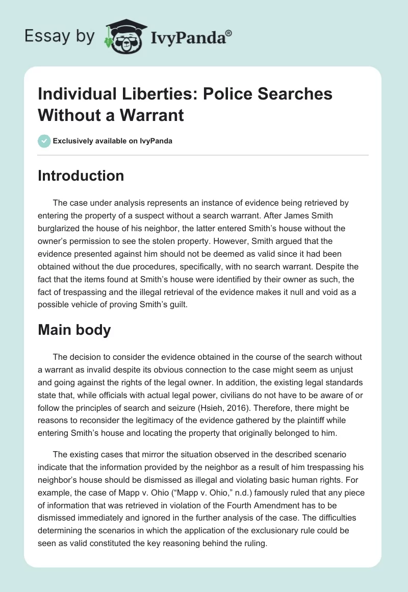 Individual Liberties: Police Searches Without a Warrant. Page 1