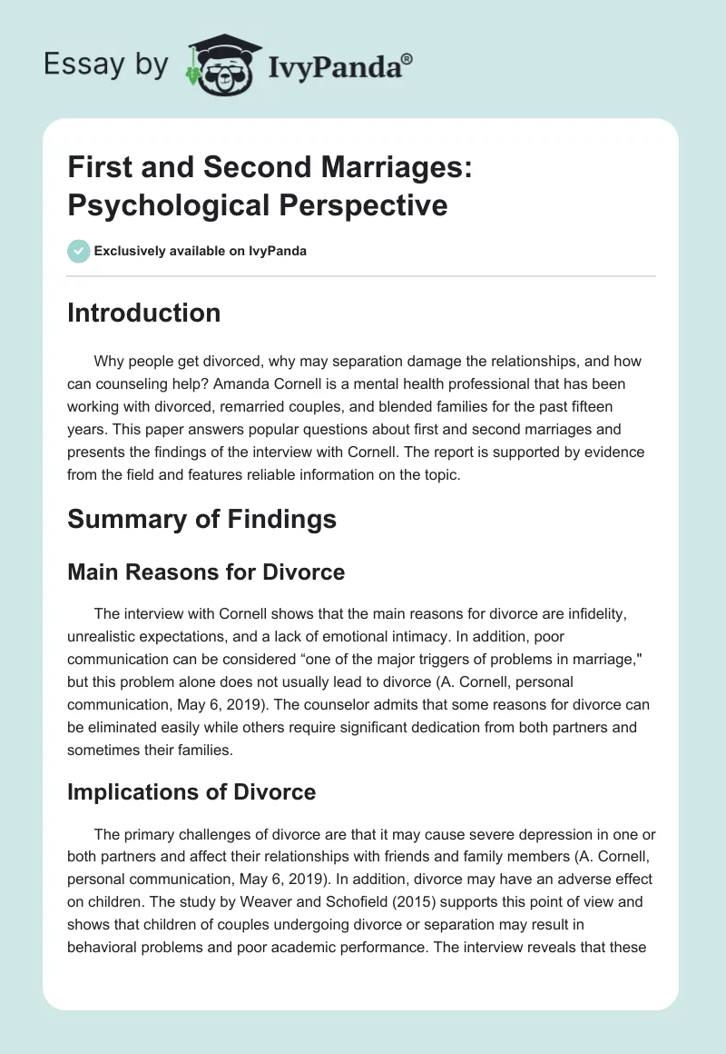 First and Second Marriages: Psychological Perspective. Page 1