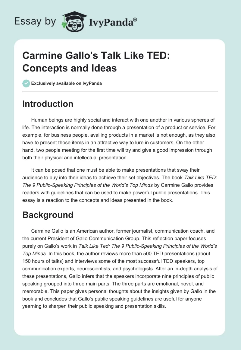 Carmine Gallo's "Talk Like TED": Concepts and Ideas. Page 1