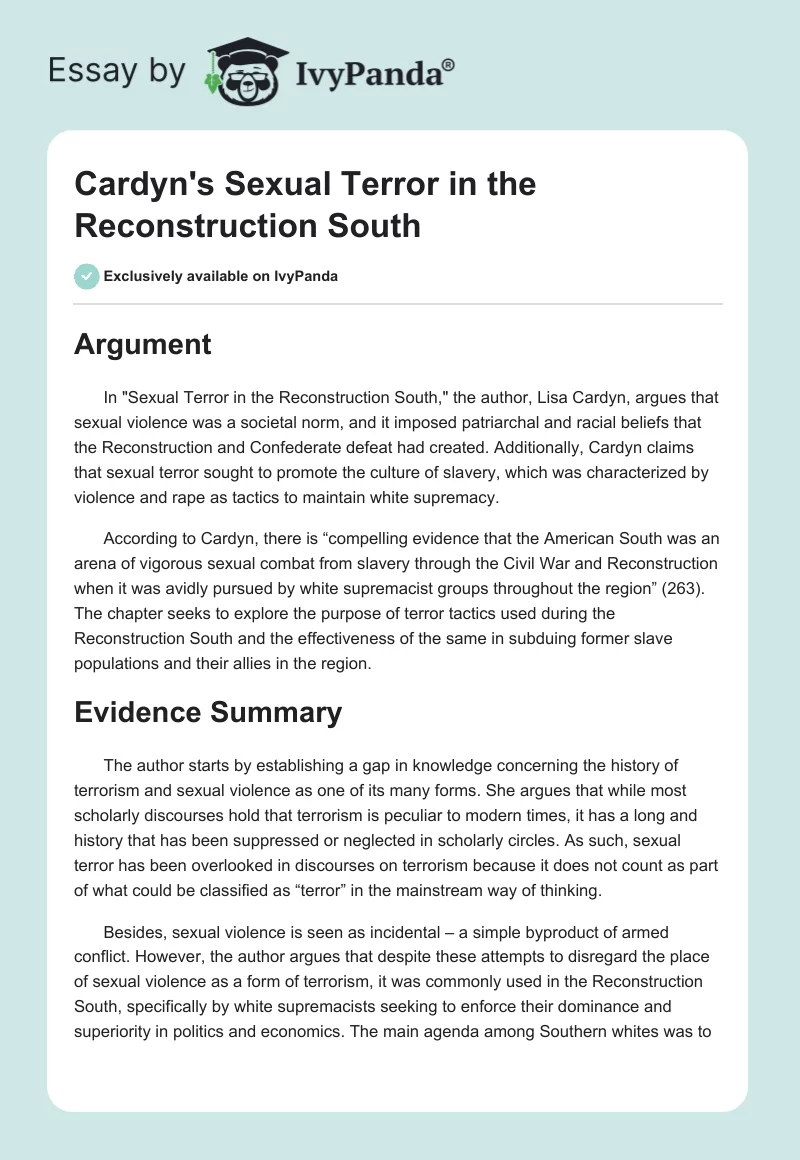 Cardyn's "Sexual Terror in the Reconstruction South". Page 1