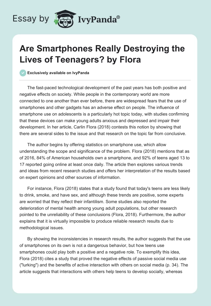 "Are Smartphones Really Destroying the Lives of Teenagers?" by Flora. Page 1
