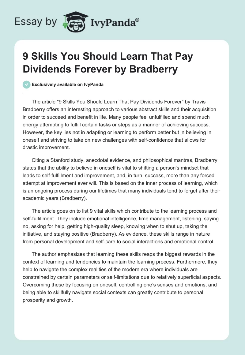 "9 Skills You Should Learn That Pay Dividends Forever" by Bradberry. Page 1