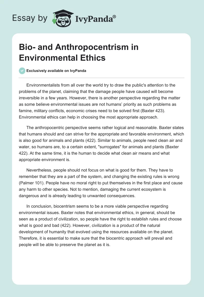 Bio- and Anthropocentrism in Environmental Ethics. Page 1