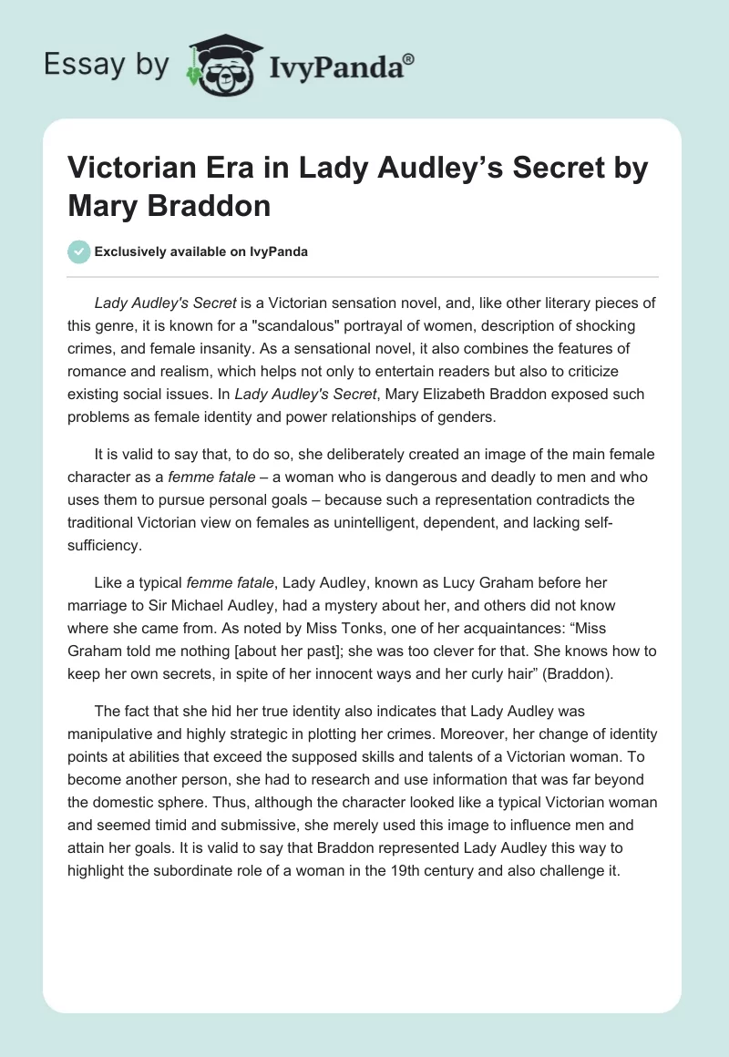 Victorian Era in "Lady Audley’s Secret" by Mary Braddon. Page 1