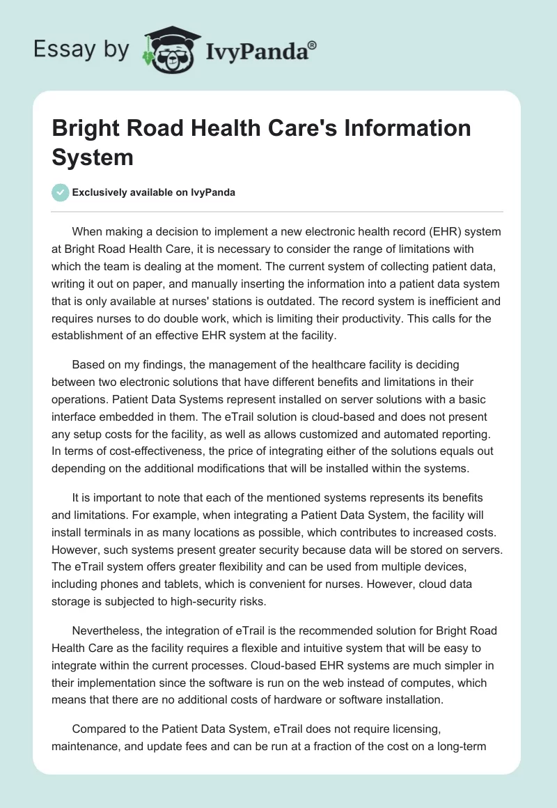Bright Road Health Care's Information System. Page 1