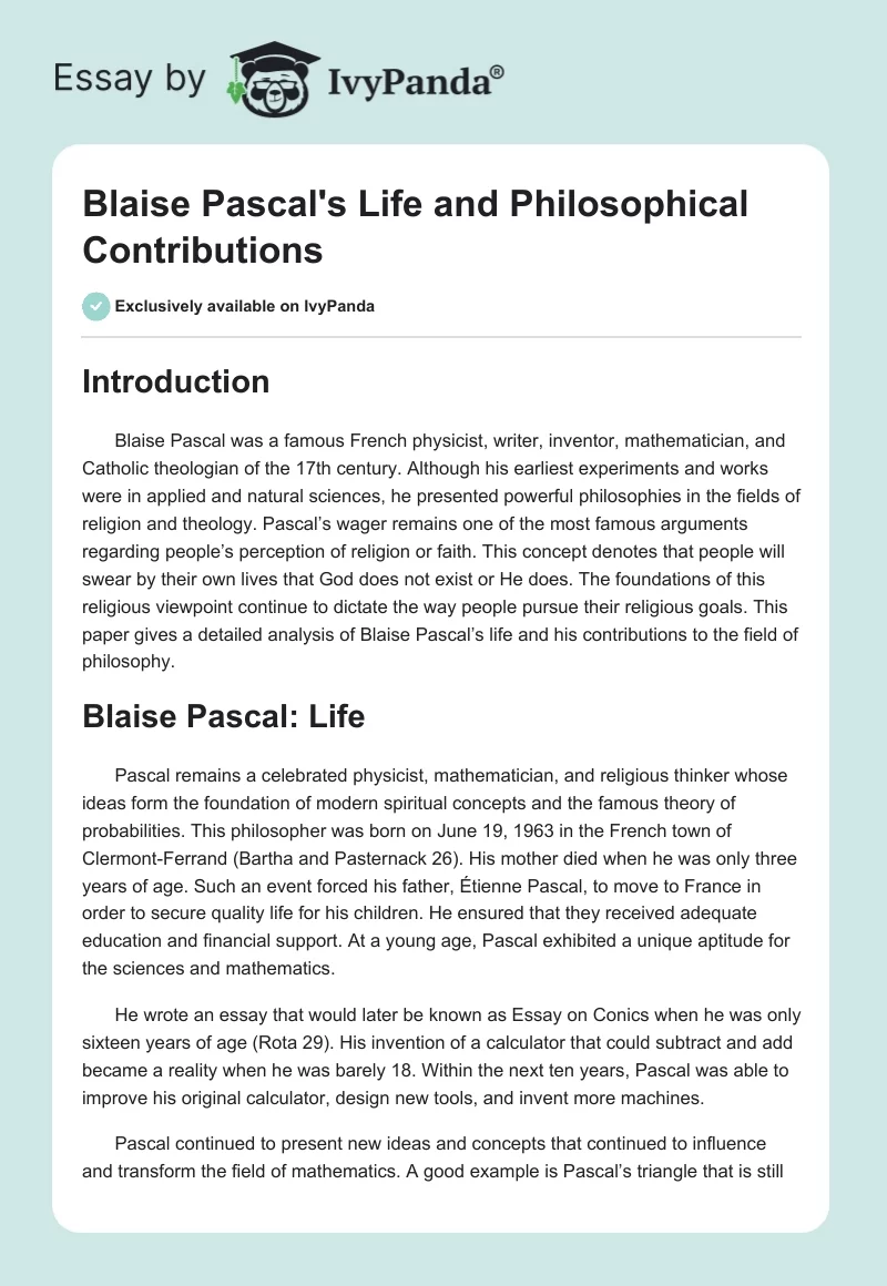 Blaise Pascal's Life and Philosophical Contributions. Page 1