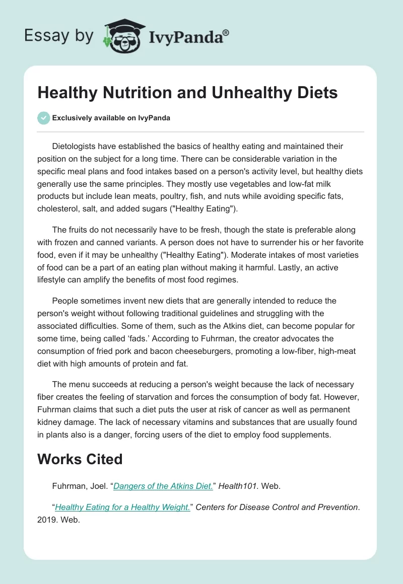 Healthy Nutrition and Unhealthy Diets - 283 Words | Assessment Example