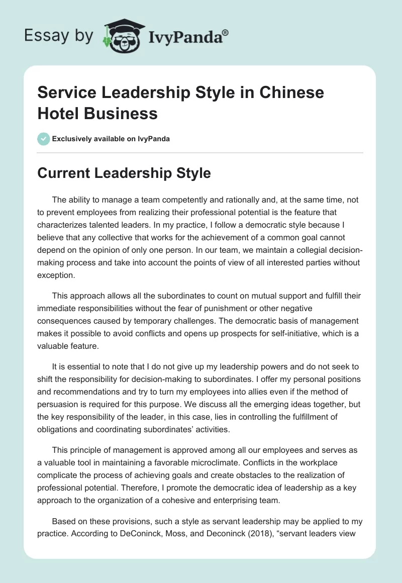 Service Leadership Style in Chinese Hotel Business. Page 1