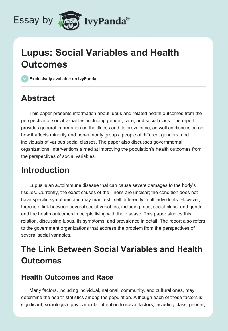 Lupus: Social Variables and Health Outcomes. Page 1