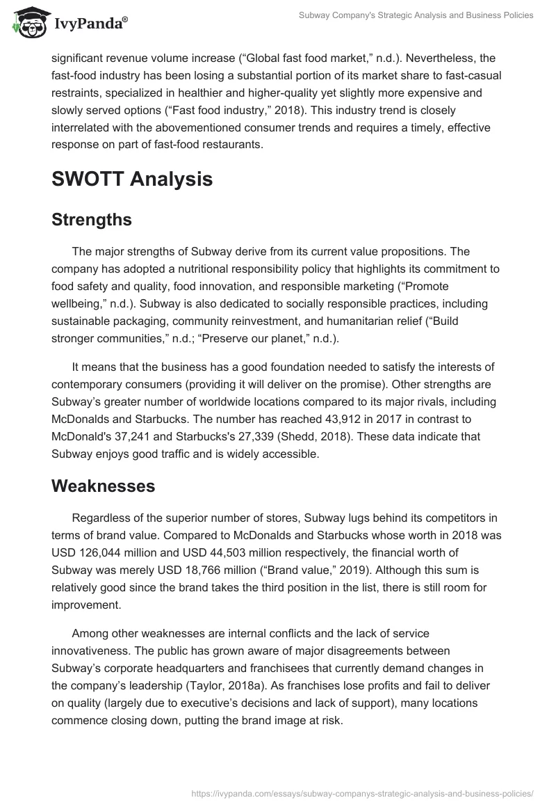 Subway Company's Strategic Analysis and Business Policies. Page 2