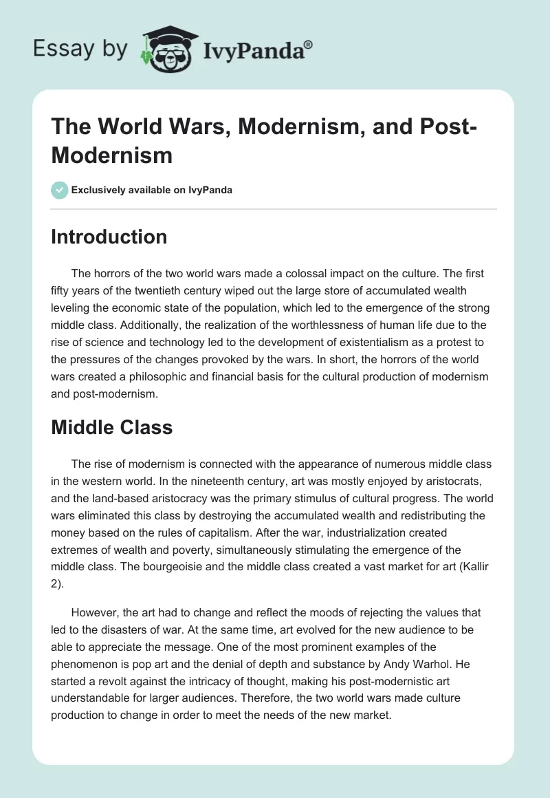 The World Wars, Modernism, and Post-Modernism. Page 1