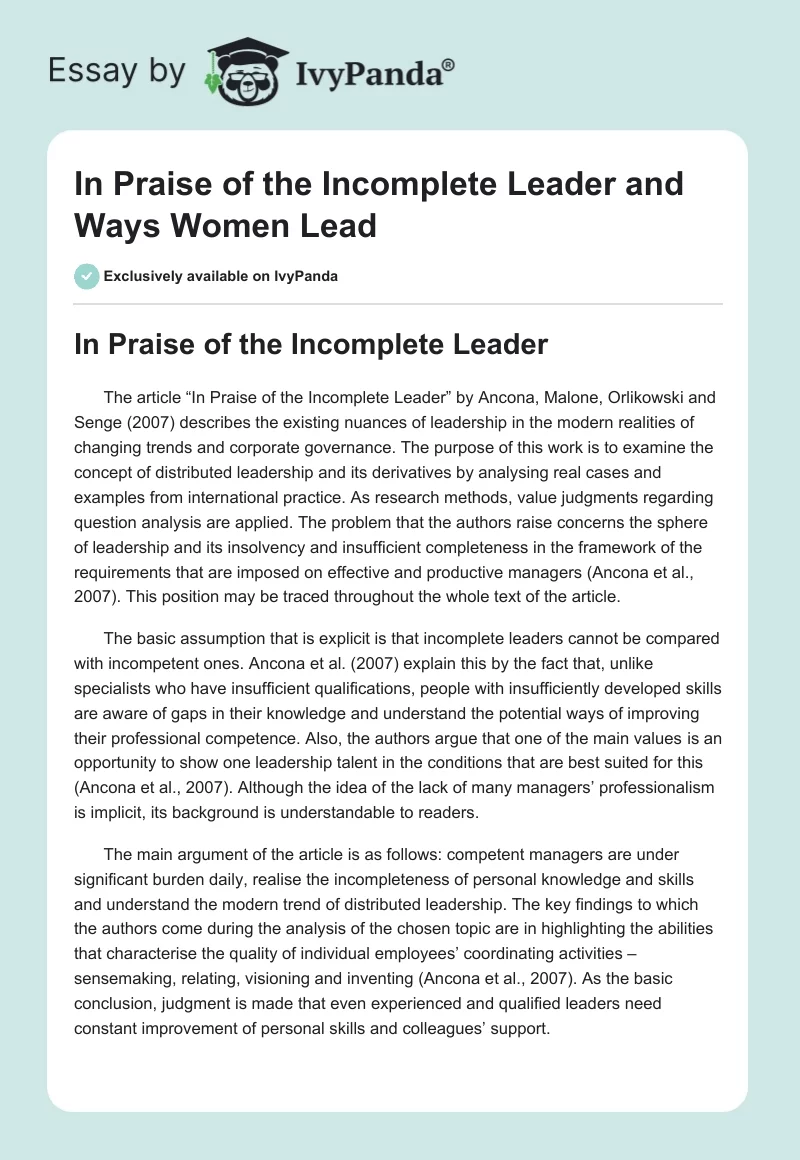In Praise of the Incomplete Leader and Ways Women Lead. Page 1