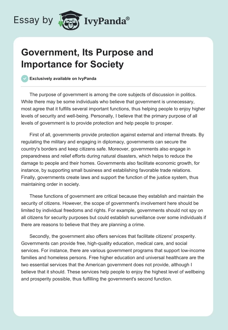 Government, Its Purpose and Importance for Society. Page 1
