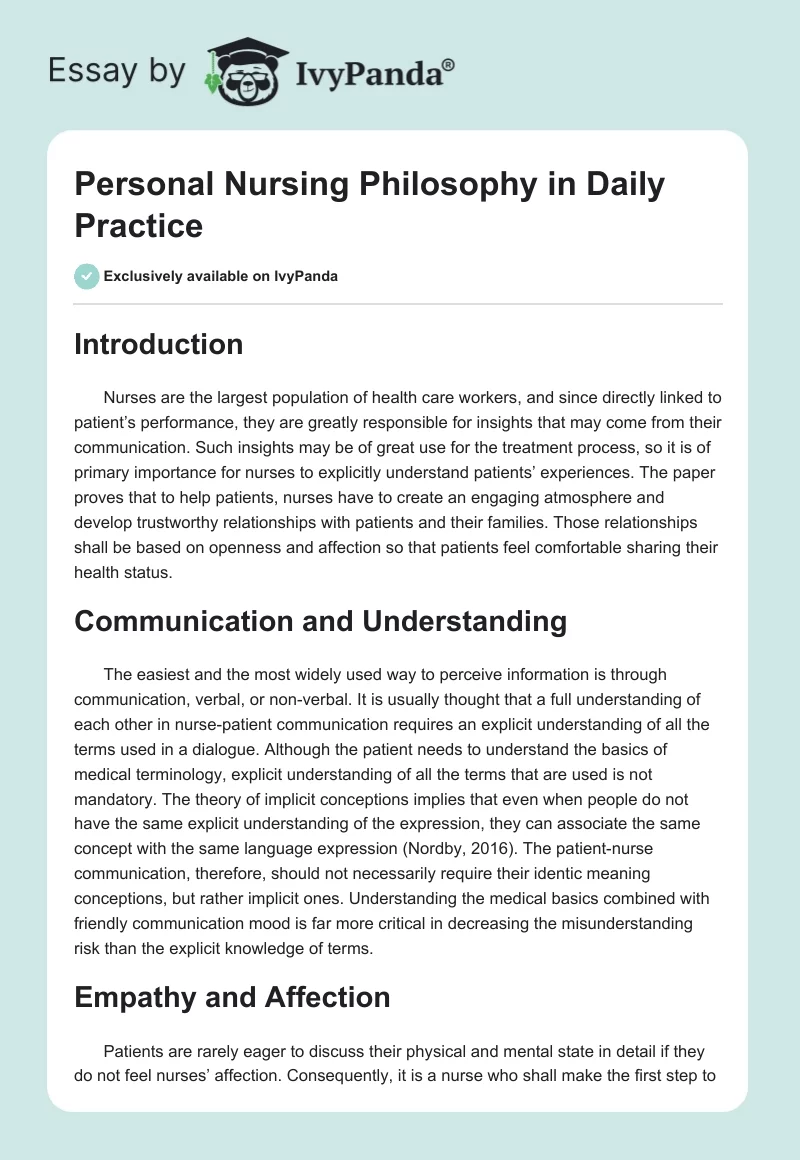 Personal Nursing Philosophy in Daily Practice. Page 1