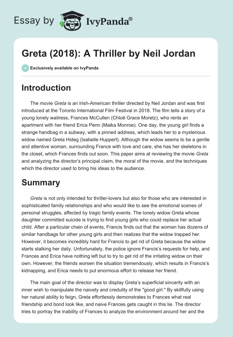"Greta" (2018): A Thriller by Neil Jordan. Page 1