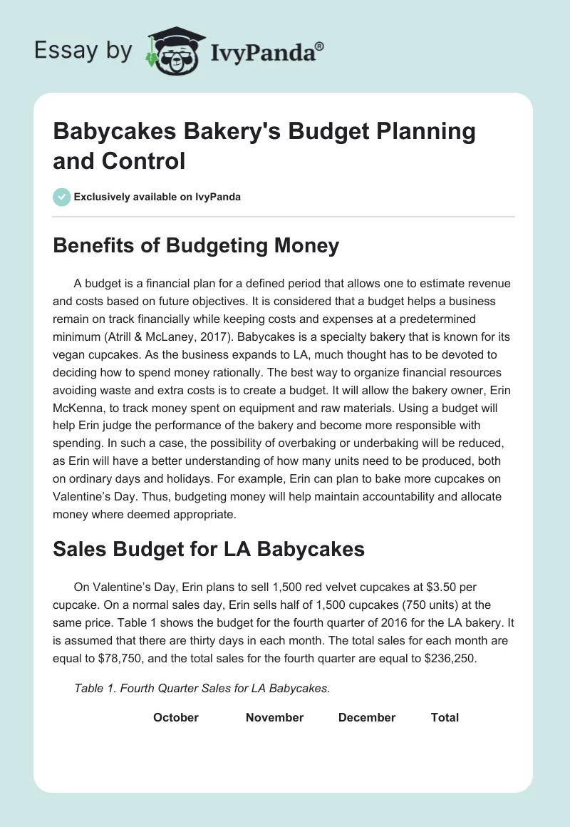 Babycakes Bakery's Budget Planning and Control. Page 1
