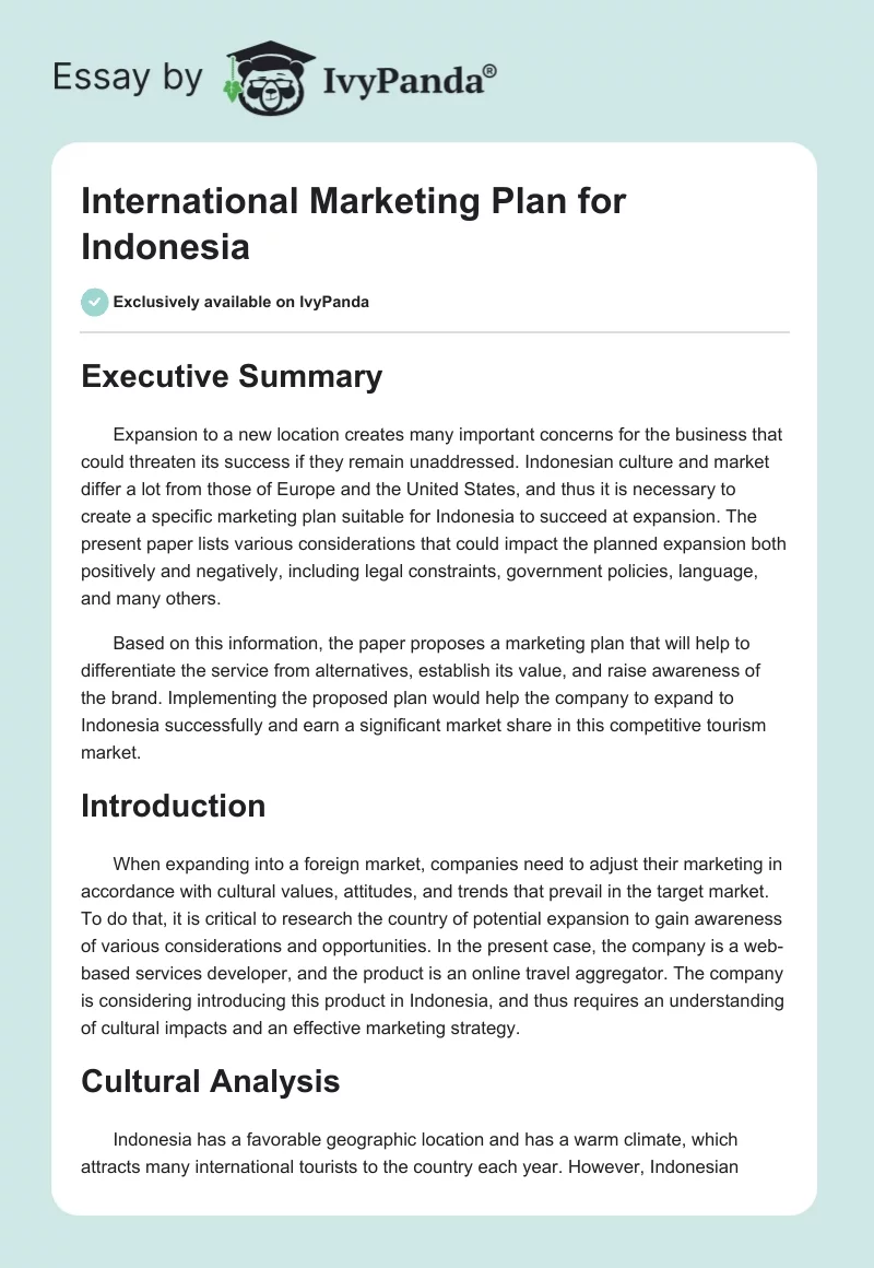 International Marketing Plan for Indonesia. Page 1