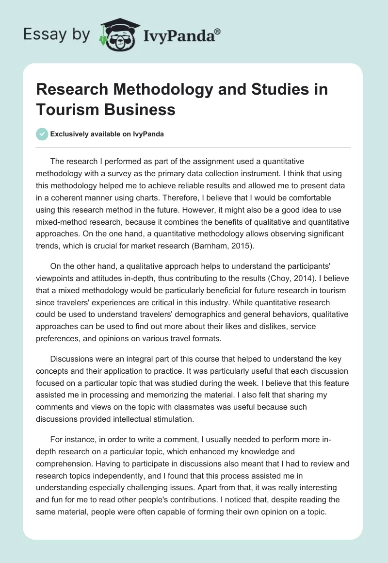 Research Methodology and Studies in Tourism Business. Page 1