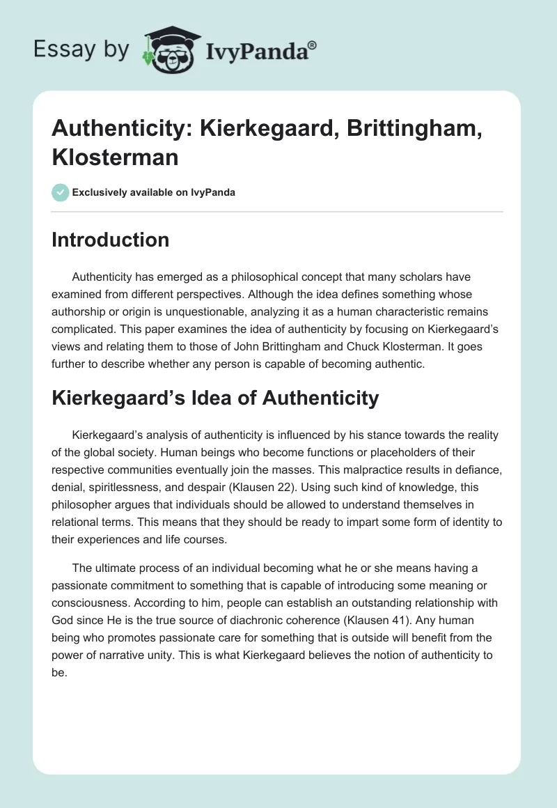 Authenticity: Kierkegaard, Brittingham, Klosterman. Page 1