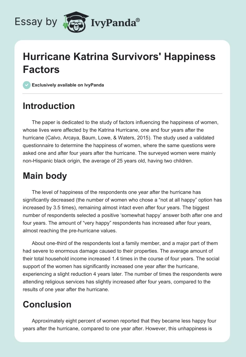 Hurricane Katrina Survivors' Happiness Factors. Page 1