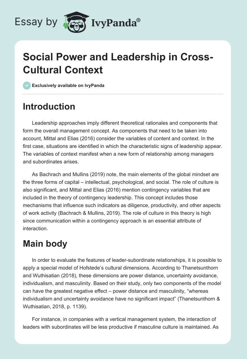 Social Power and Leadership in Cross-Cultural Context. Page 1
