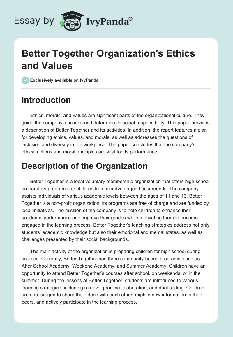 Better Together Organization's Ethics and Values. Page 1