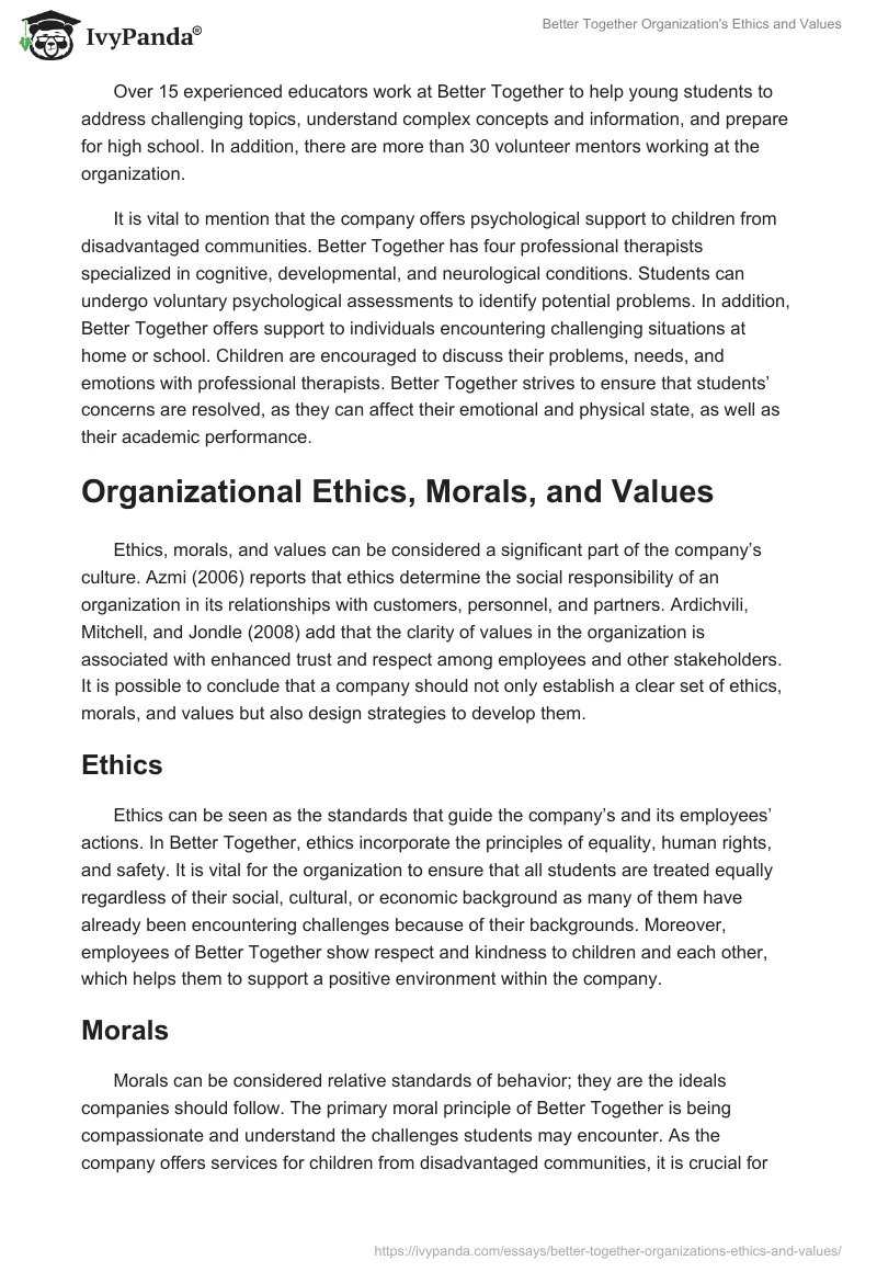Better Together Organization's Ethics and Values. Page 2