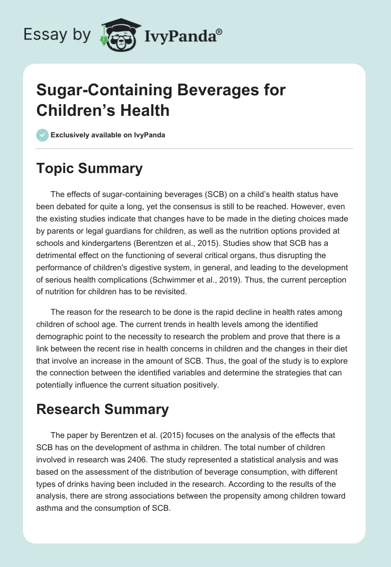 Sugar-Containing Beverages for Children’s Health. Page 1