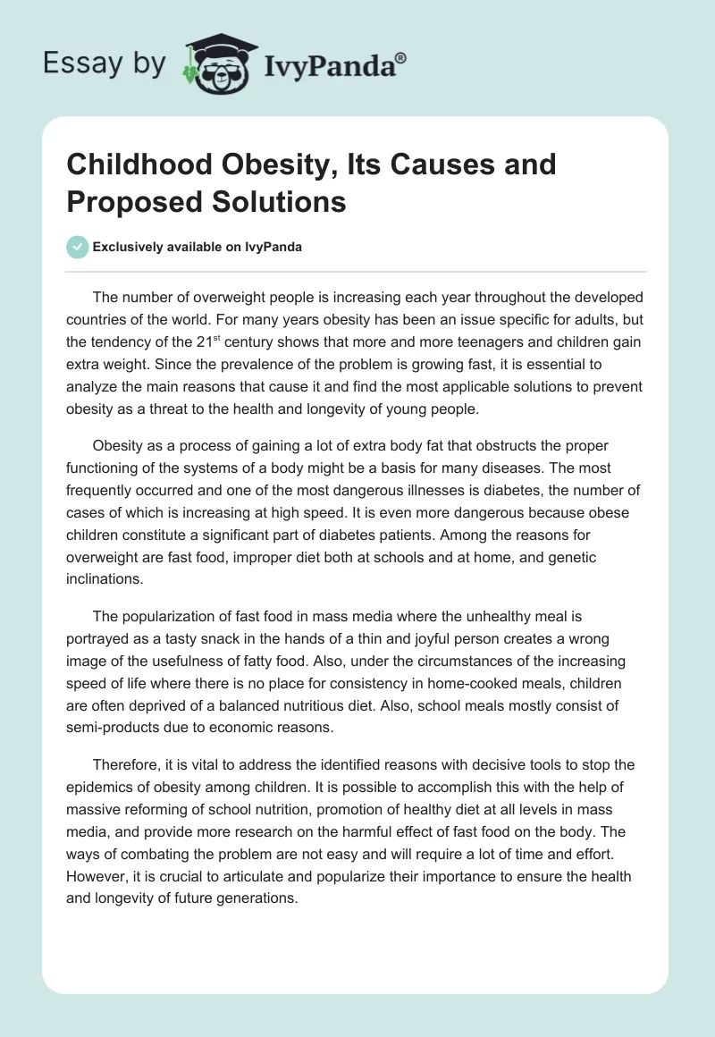 Childhood Obesity, Its Causes and Proposed Solutions. Page 1