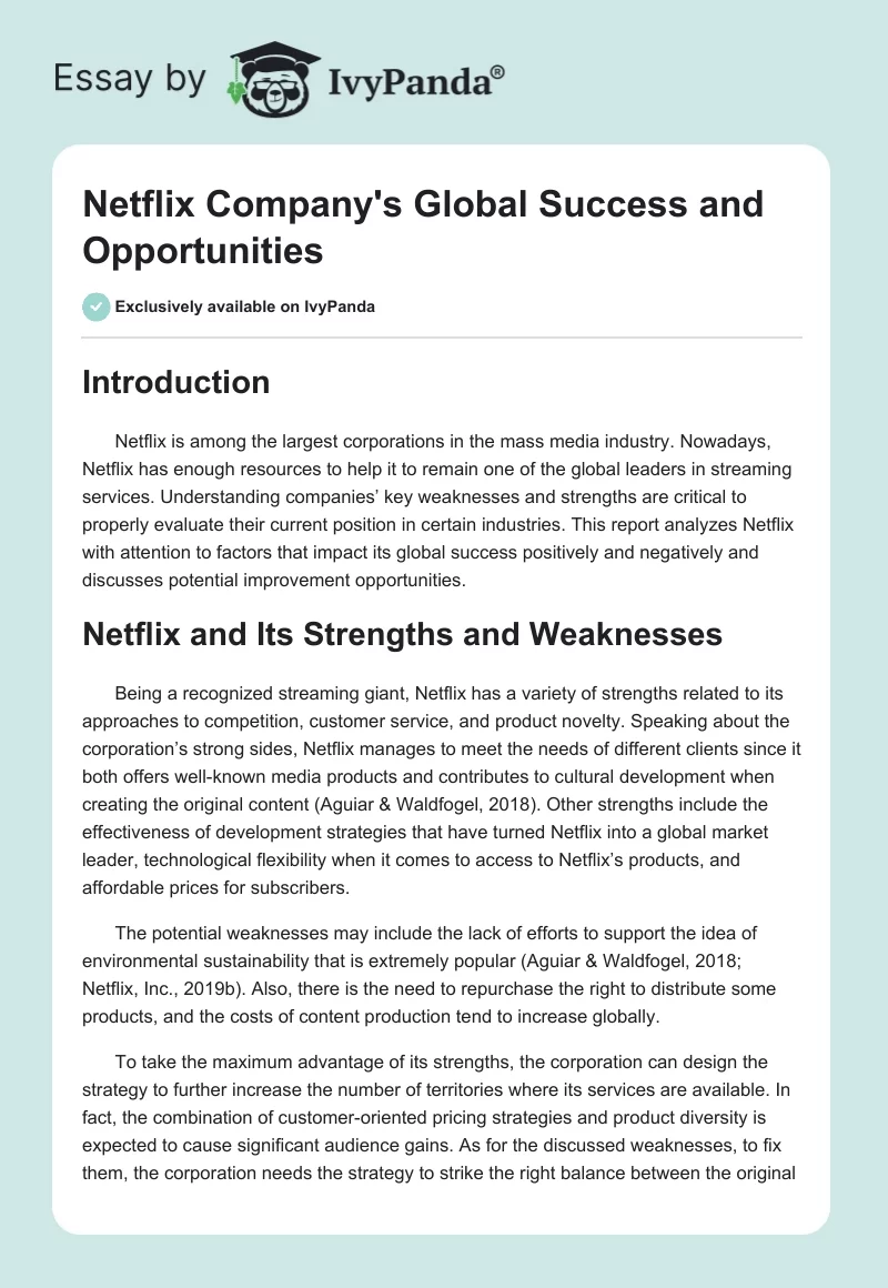 Netflix Company's Global Success and Opportunities. Page 1