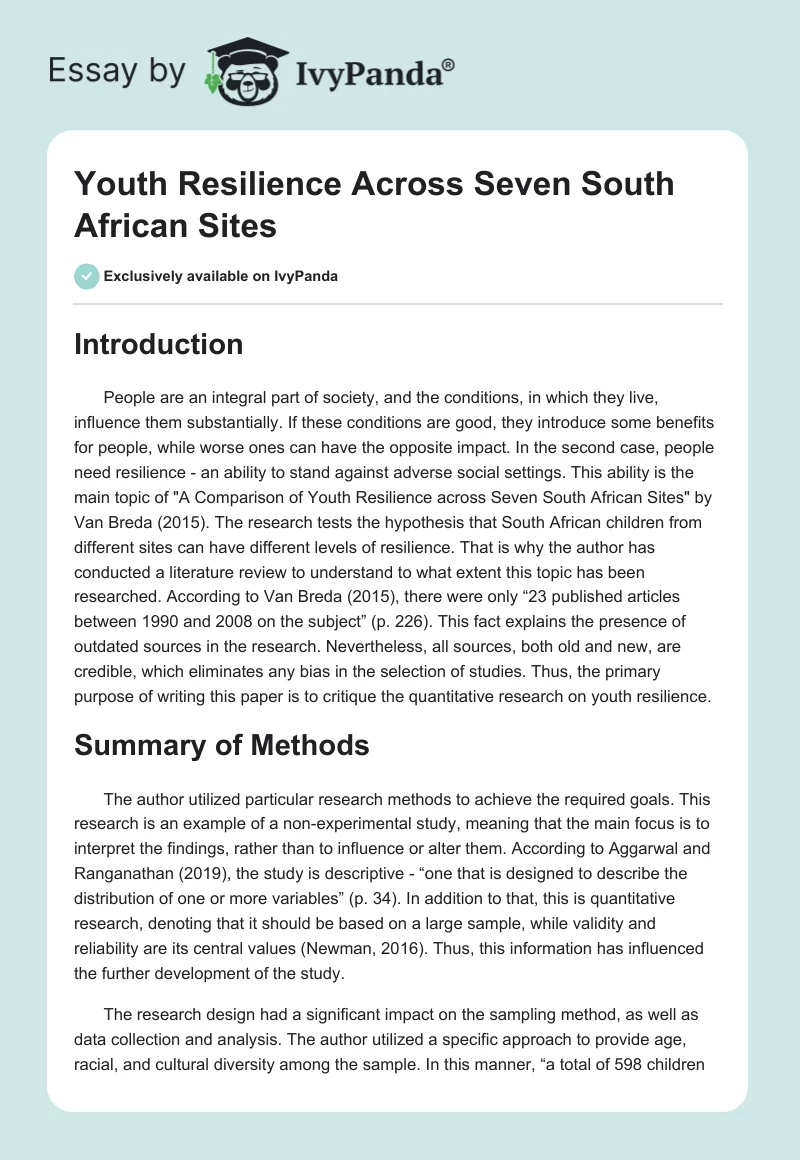Youth Resilience Across Seven South African Sites. Page 1