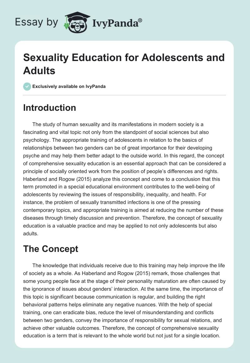 Sexuality Education for Adolescents and Adults. Page 1