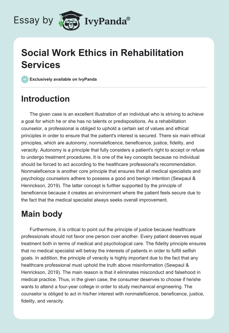 Social Work Ethics in Rehabilitation Services. Page 1