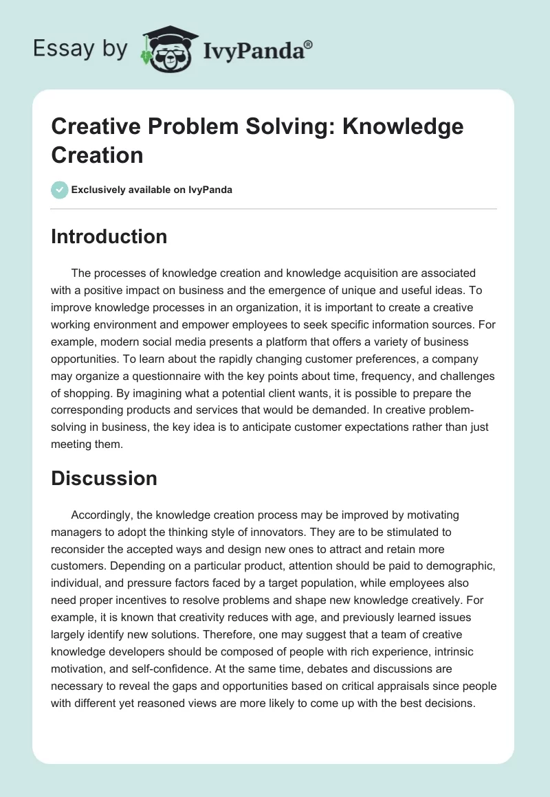 Creative Problem Solving: Knowledge Creation. Page 1