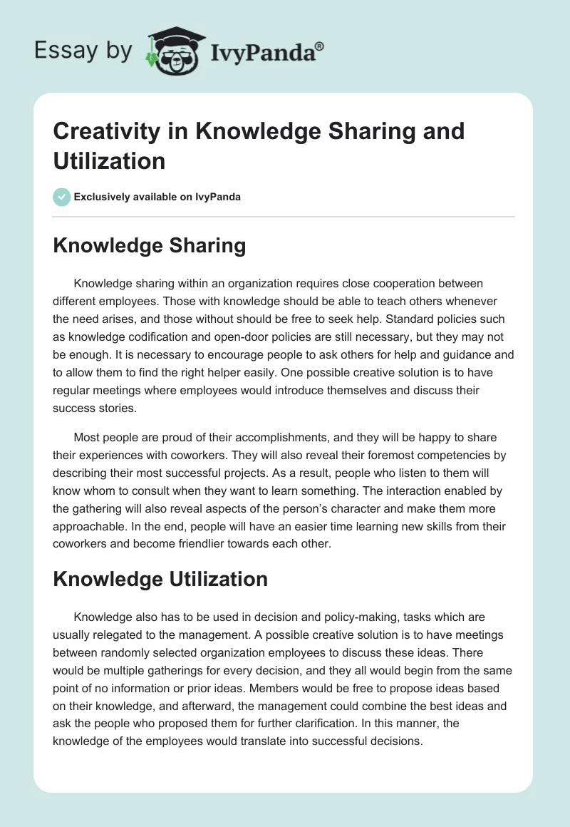 Creativity in Knowledge Sharing and Utilization. Page 1