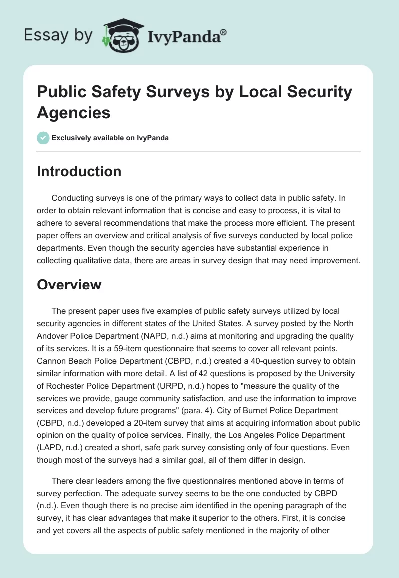 Public Safety Surveys by Local Security Agencies. Page 1