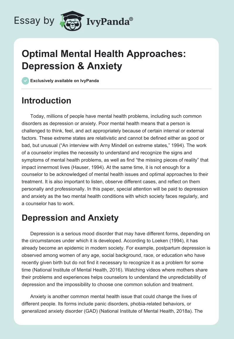 Optimal Mental Health Approaches: Depression & Anxiety. Page 1
