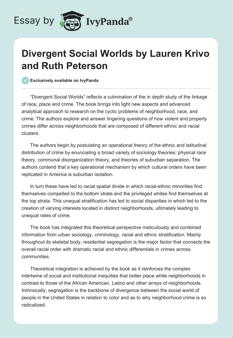 "Divergent Social Worlds" by Lauren Krivo and Ruth Peterson. Page 1