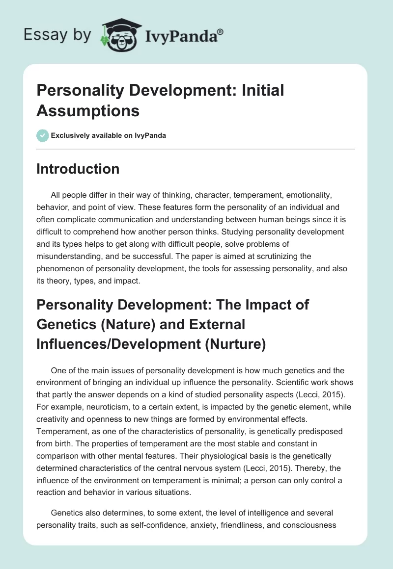 Personality Development: Initial Assumptions. Page 1
