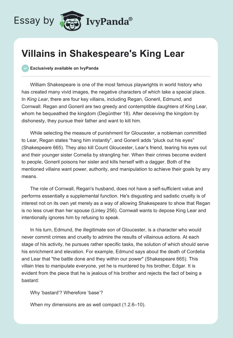 Villains in Shakespeare's "King Lear". Page 1