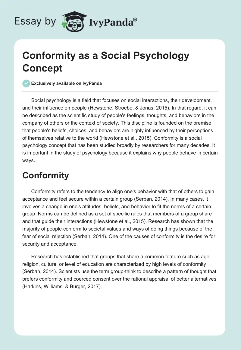 Conformity as a Social Psychology Concept. Page 1