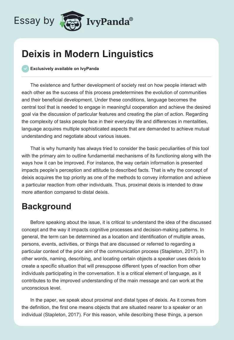 Deixis in Modern Linguistics. Page 1