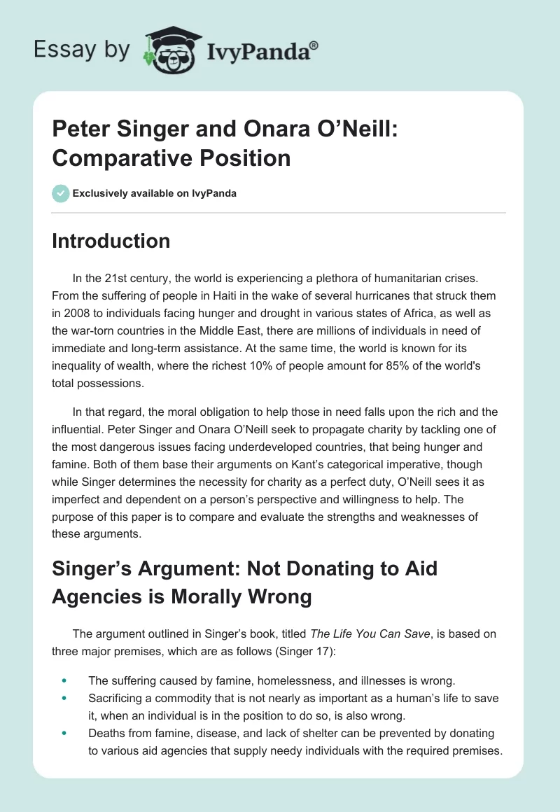 Peter Singer and Onara O’Neill: Comparative Position. Page 1